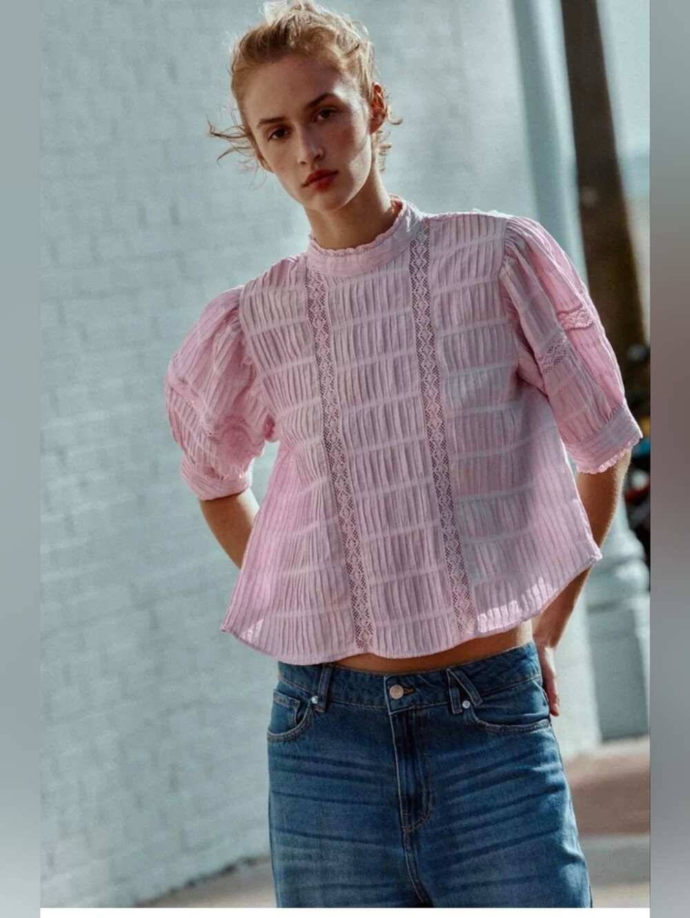 NWT Zara Pink Textured Pleated Lace Trim Puff Sleeve Crop Top Blouse Size M